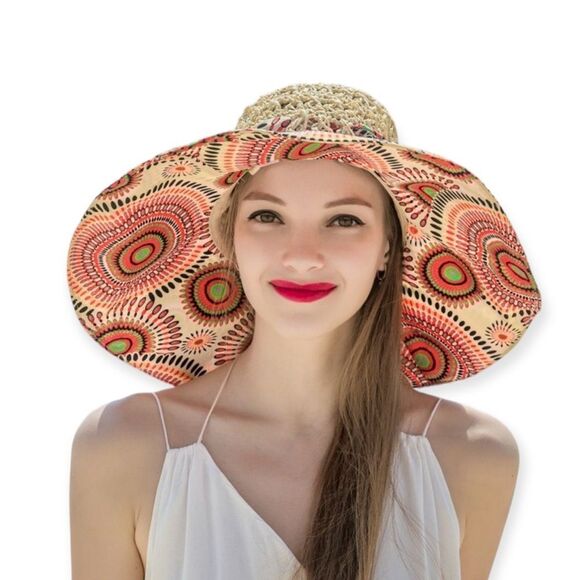 Retro Colorful Geo Wide Brim Summer Straw Crochet Sun Hat NEW - Picture 1 of 4